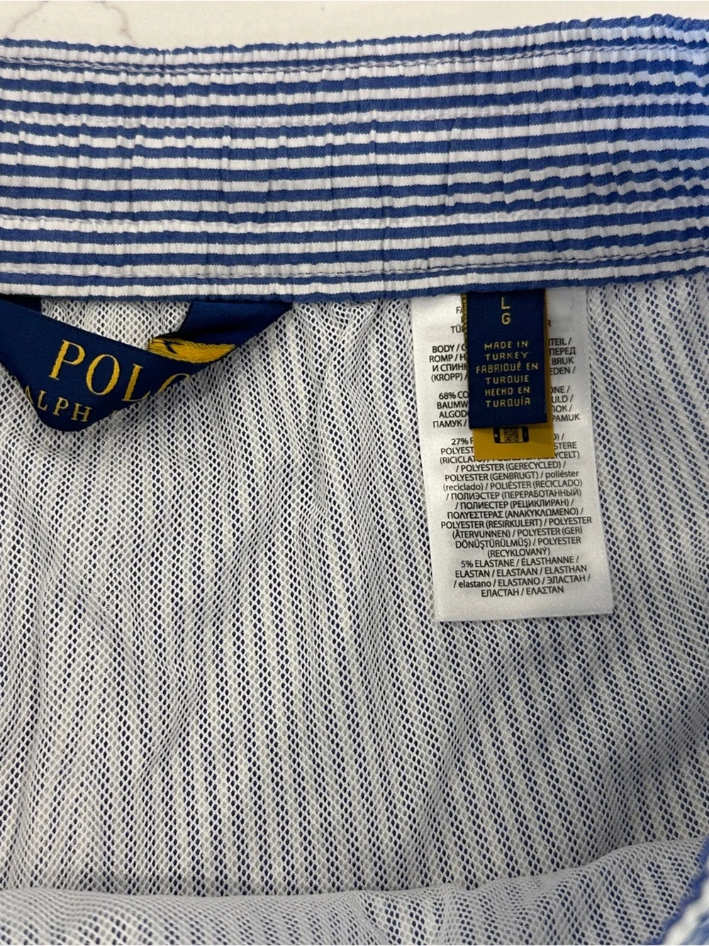 Polo Ralph Lauren Seersucker Swim Trunks Blue White Stripe Mesh Lined Large NWT
